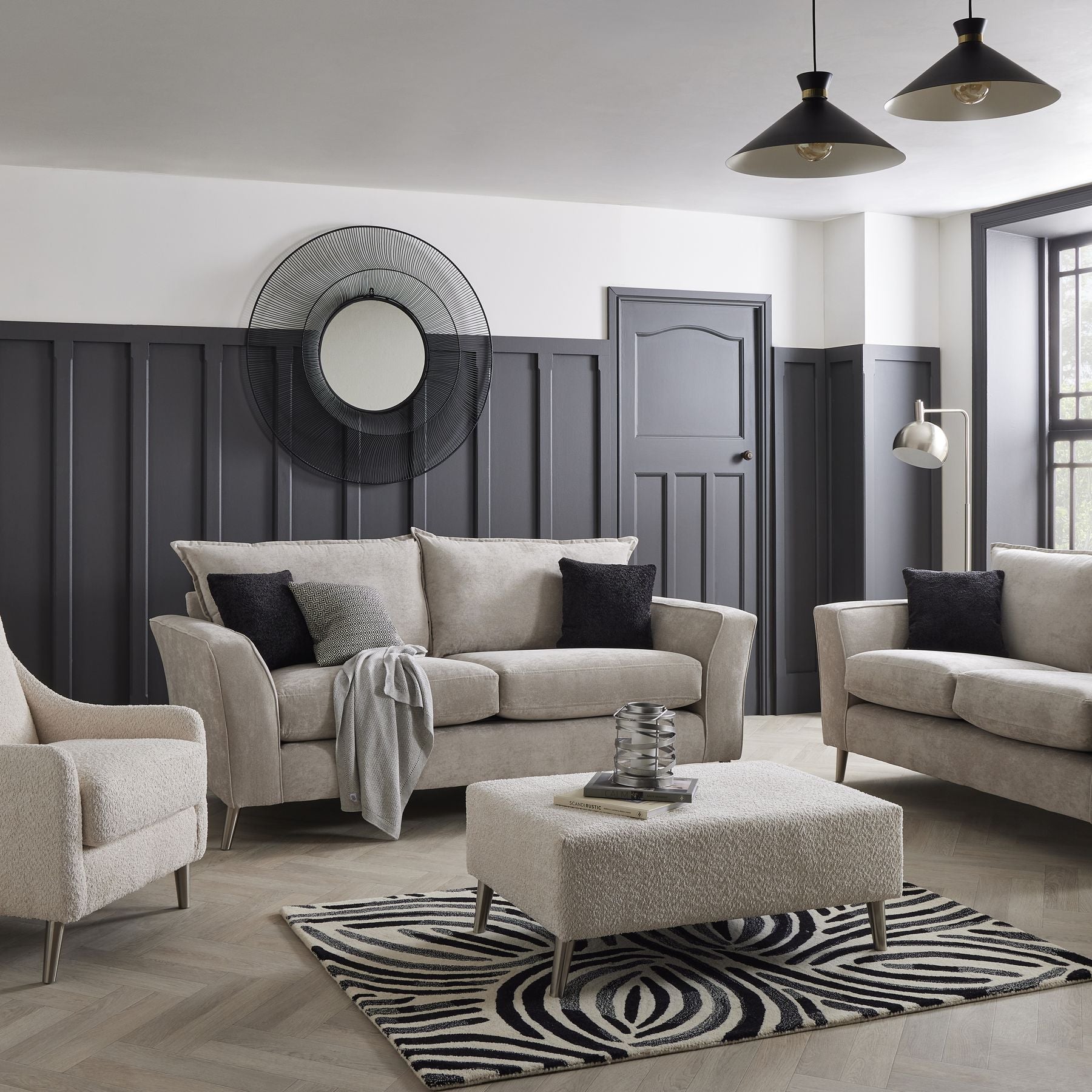 Luxury modern living room with Chico Black Large Wire Mirror by designer furniture brand, featuring curated furnishings and premium decor.