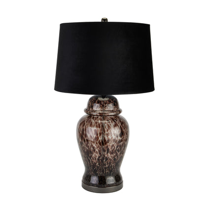 Elegant ceramic table lamp with a dark brown base and a black lampshade, perfect for modern home decor and ambient lighting.