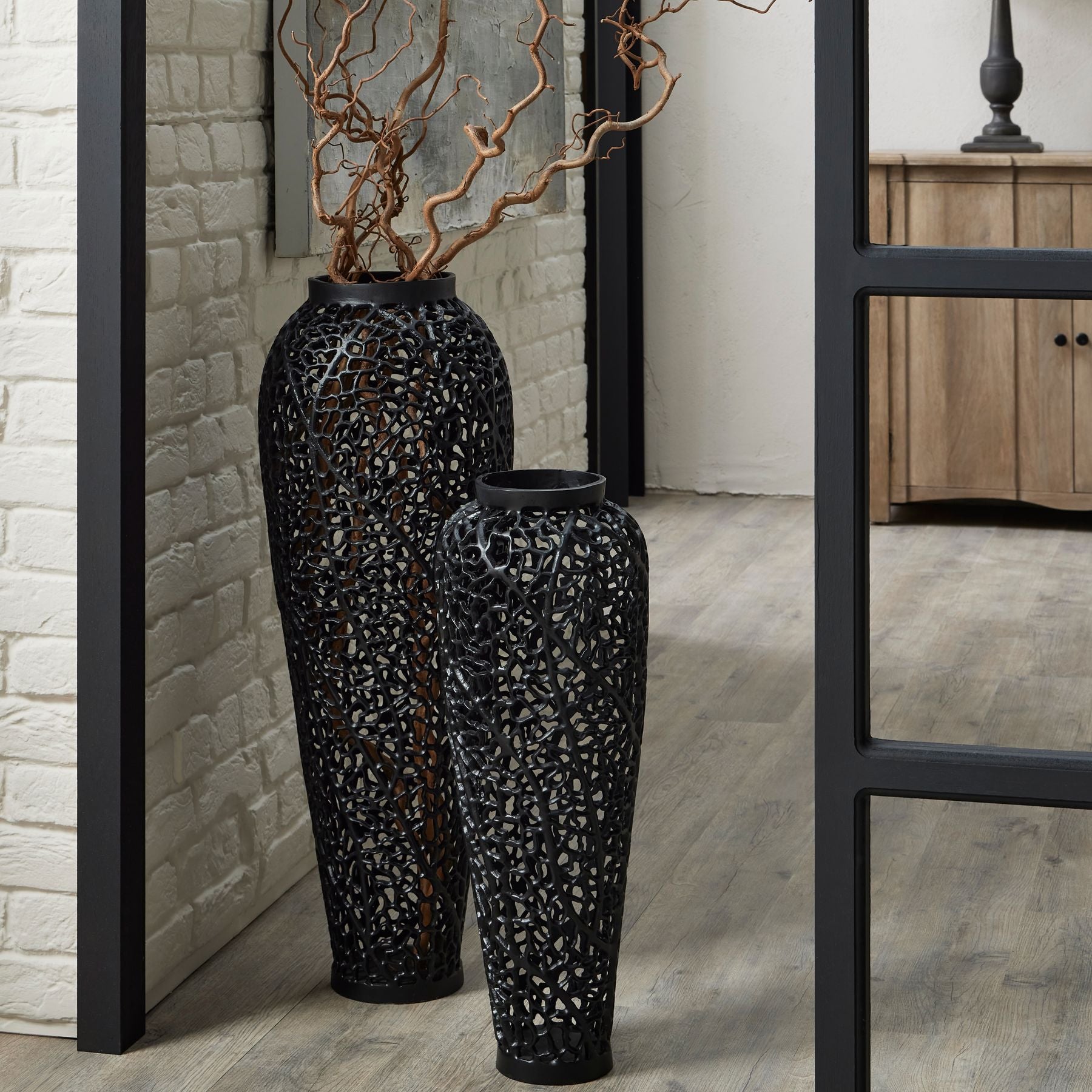 Black Cast Lattice Vase – Luxury Designer Furniture, modern perforated steel vase for premium home furnishings.