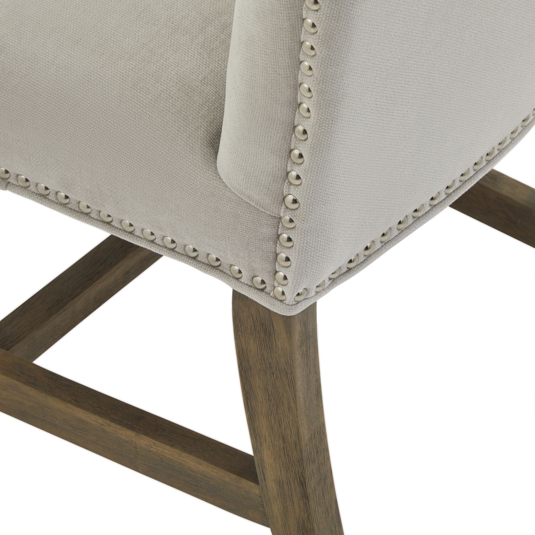 Cobham Grey Dining Chair – Luxury Furniture with grey upholstery, brass studs, and oak frame. Designer modern home decor.