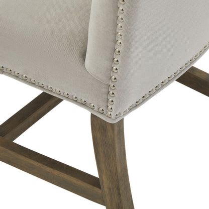 Cobham Grey Dining Chair – Luxury Furniture with grey upholstery, brass studs, and oak frame. Designer modern home decor.