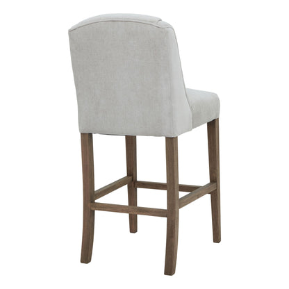 Compton Grey Barstool in light grey fabric with a sturdy rubberwood frame, perfect for luxury modern home decor. Premium designer furniture.