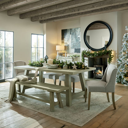 Black Wood Round Framed Large Mirror in chic dining room with holiday décor, showcasing luxury furniture and modern design elegance.