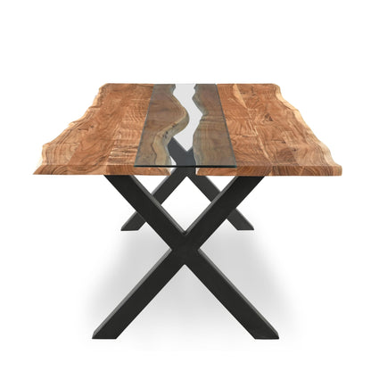 Luxury Live Edge River Dining Table with Acacia Wood and Glass Inlay, Black Steel Legs, Modern Designer Furniture, Seats 6-8