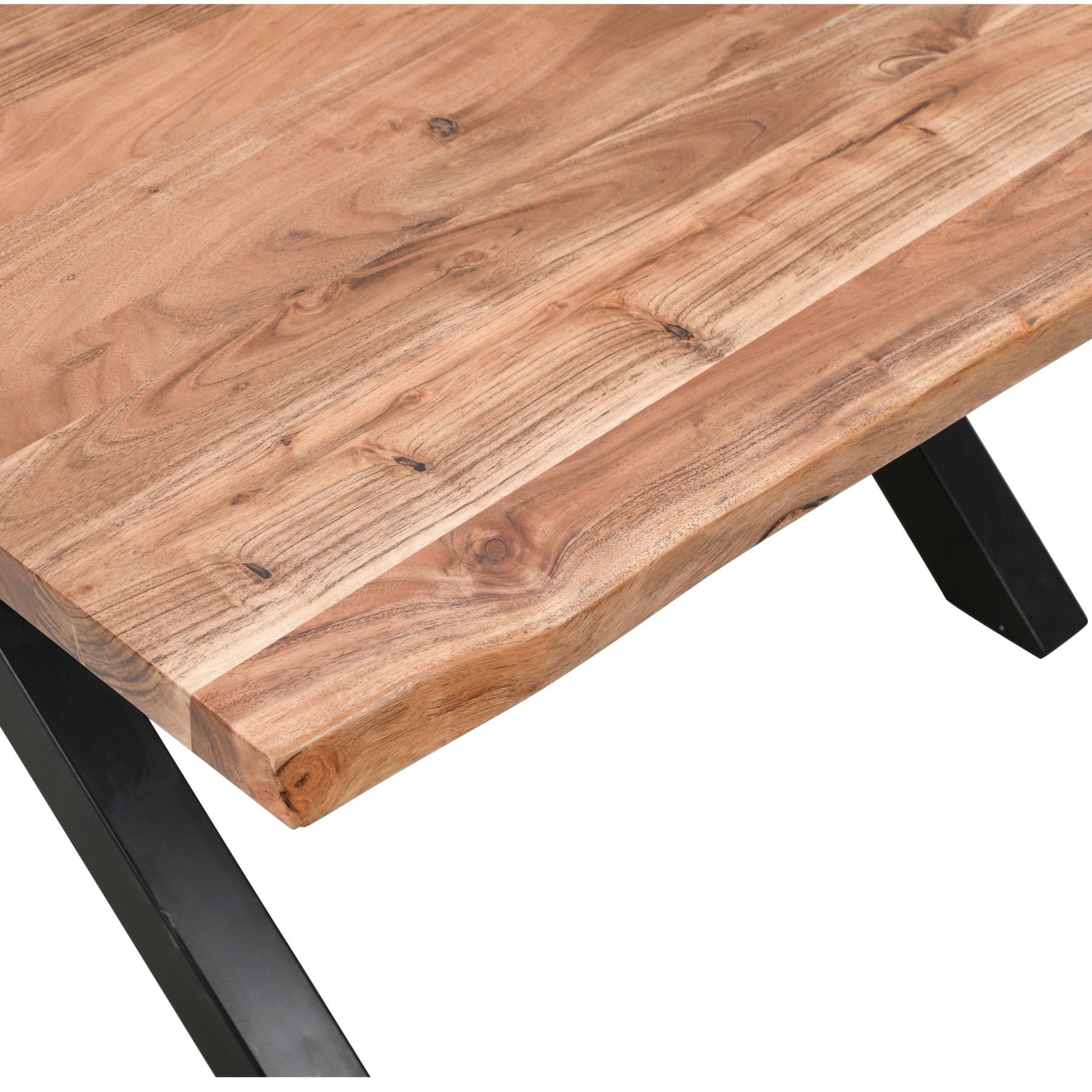 Live Edge Collection Large Square Dining Table with Acacia wood and black steel legs, luxury designer furniture for modern home decor.