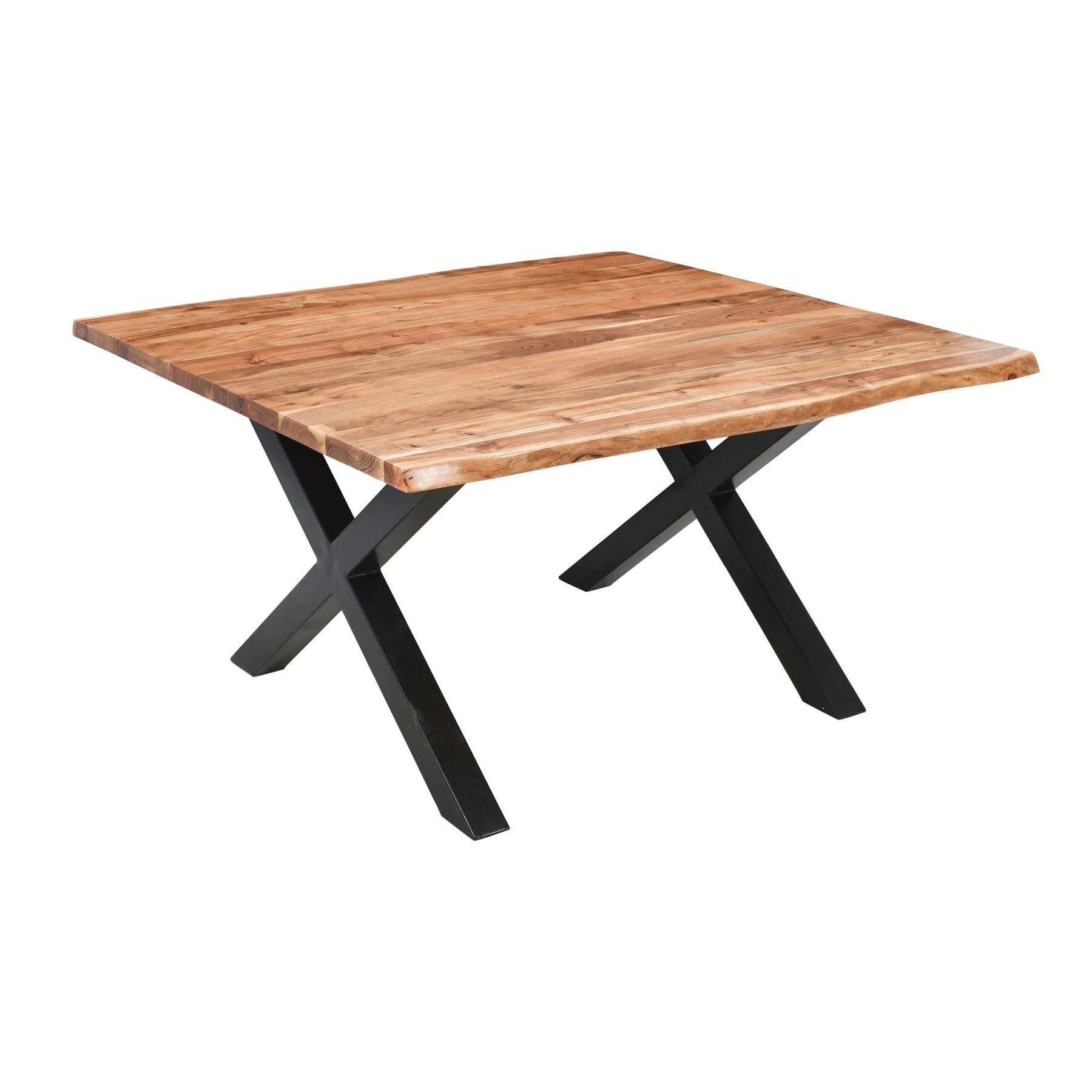 Luxury large square dining table with live edge Acacia wood, modern black steel legs. Premium designer furniture for elegant home decor.