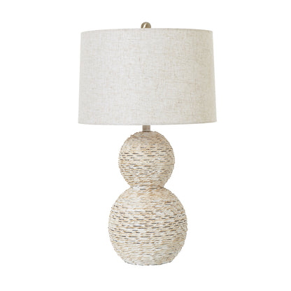 Luxury White Wash Wicker Globe Table Lamp with Linen Shade - Designer Furniture for Modern Home Decor.