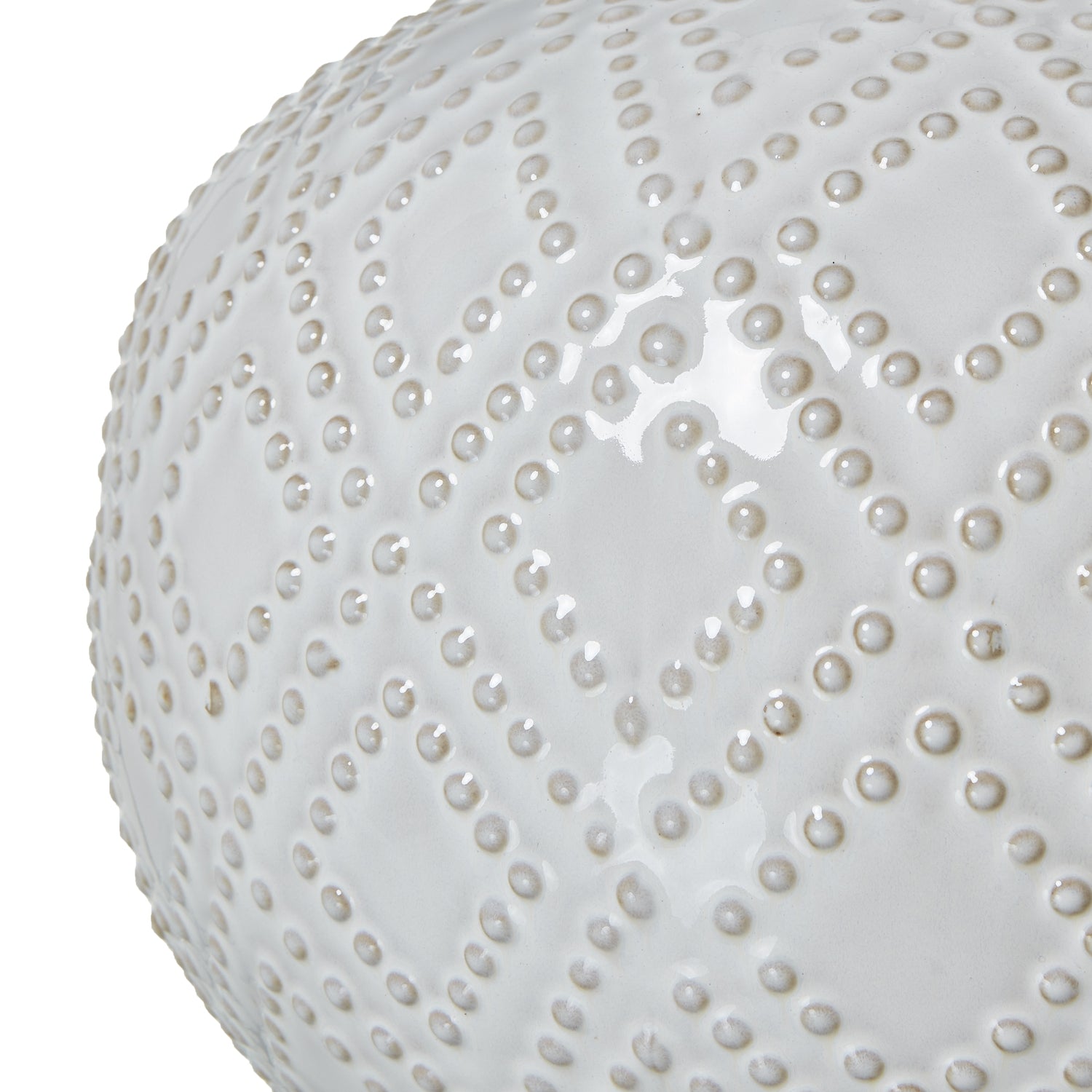 Close-up of intricate beading on Squat White Beaded Ceramic Lamp – Luxury Furniture by Designer. Premium Modern Home Decor Piece.