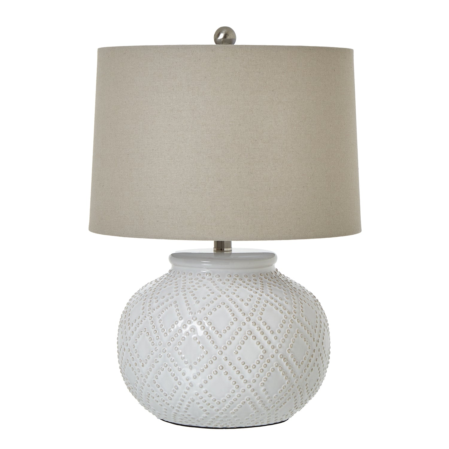 Squat White Beaded Ceramic Lamp with Linen Shade – Luxury and Designer Furniture, perfect for coastal or boho decor.