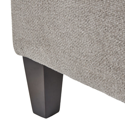 Vesper Taupe Ottoman Foot Stool corner view with elegant velvet-like fabric and wooden legs. Luxury modern designer furniture.
