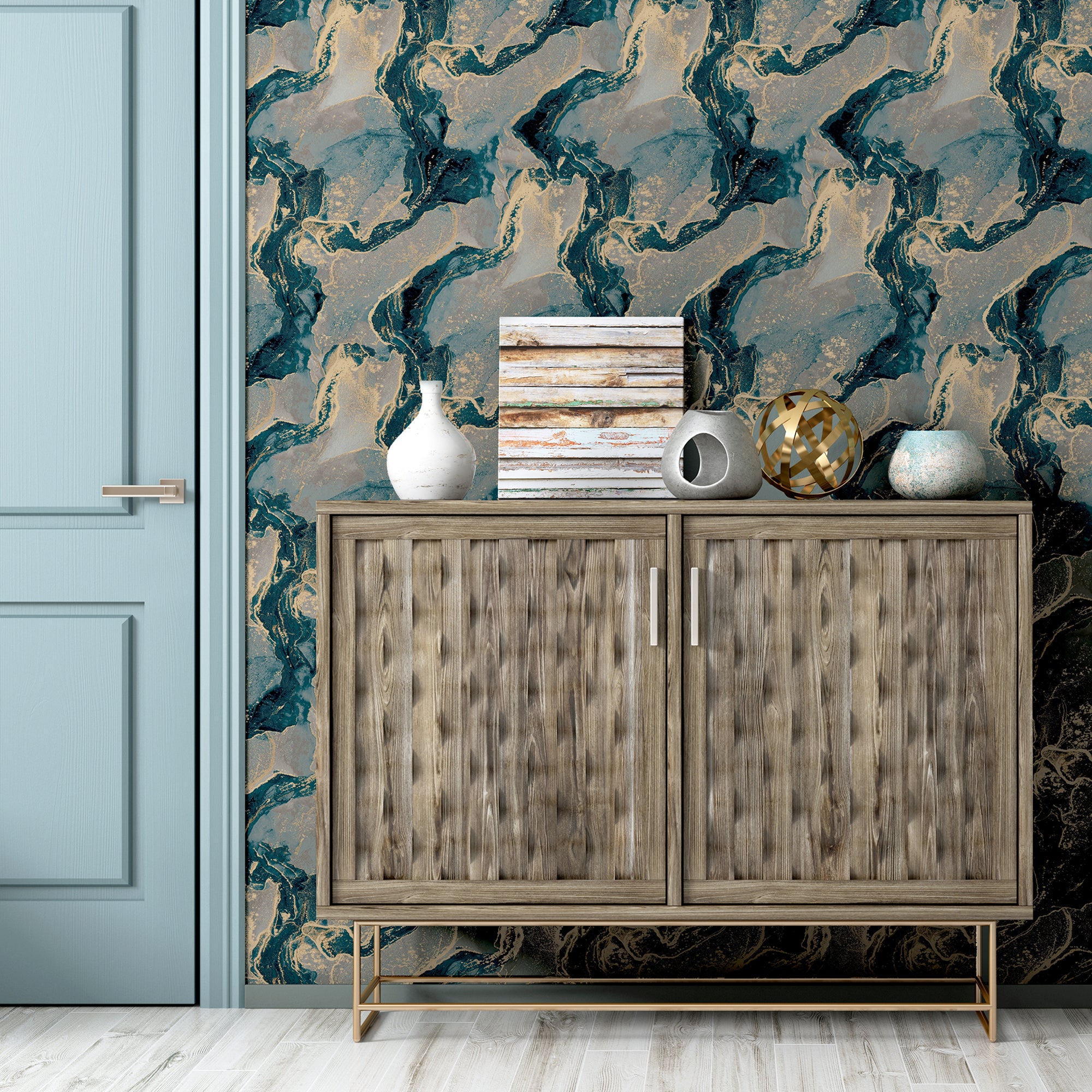 Abstract Marble Teal/Gold Wallpaper image 3