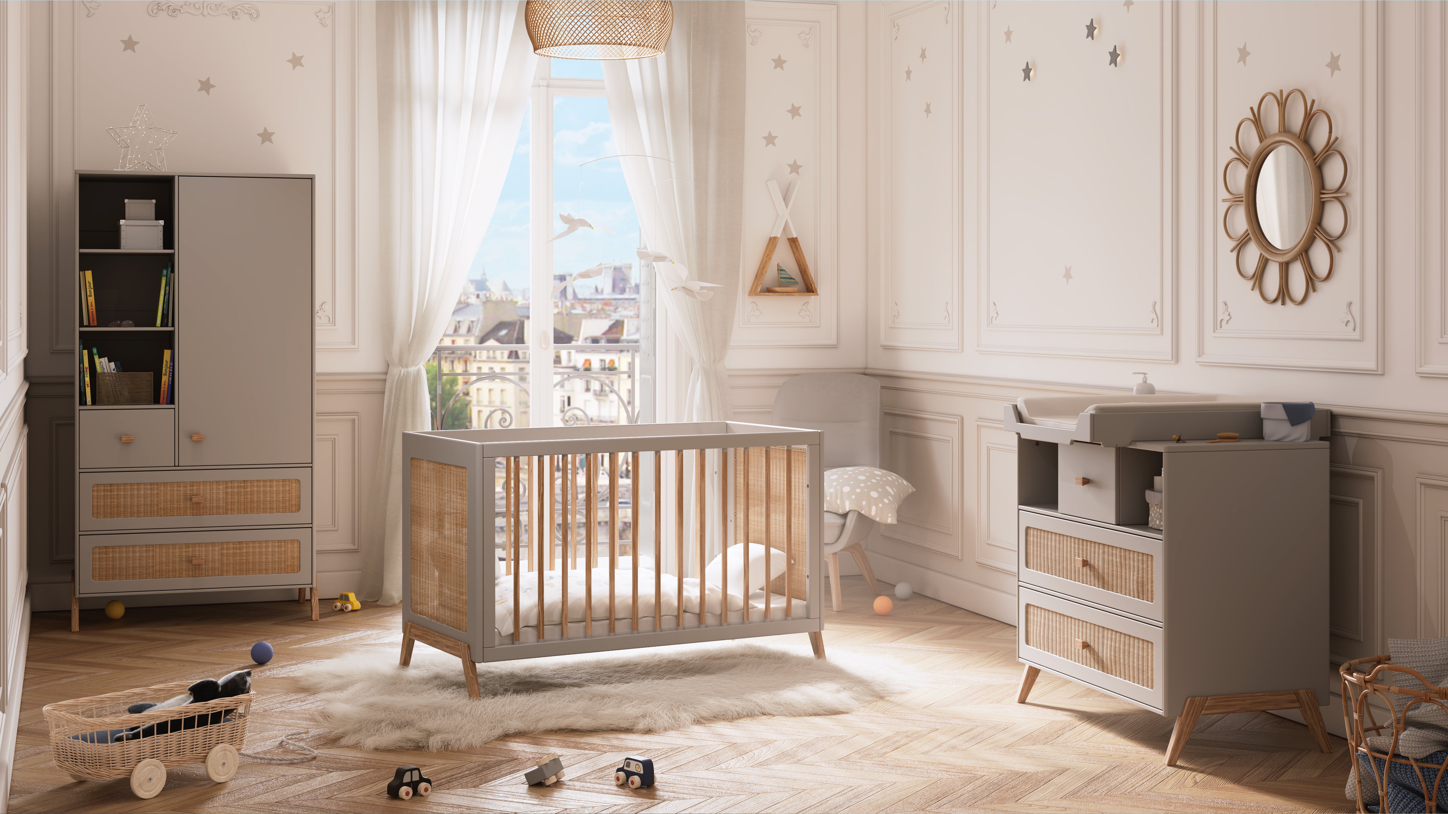 Elegant nursery room with wooden crib, toys, and warm sunlight through large windows, creating a serene and cozy atmosphere.