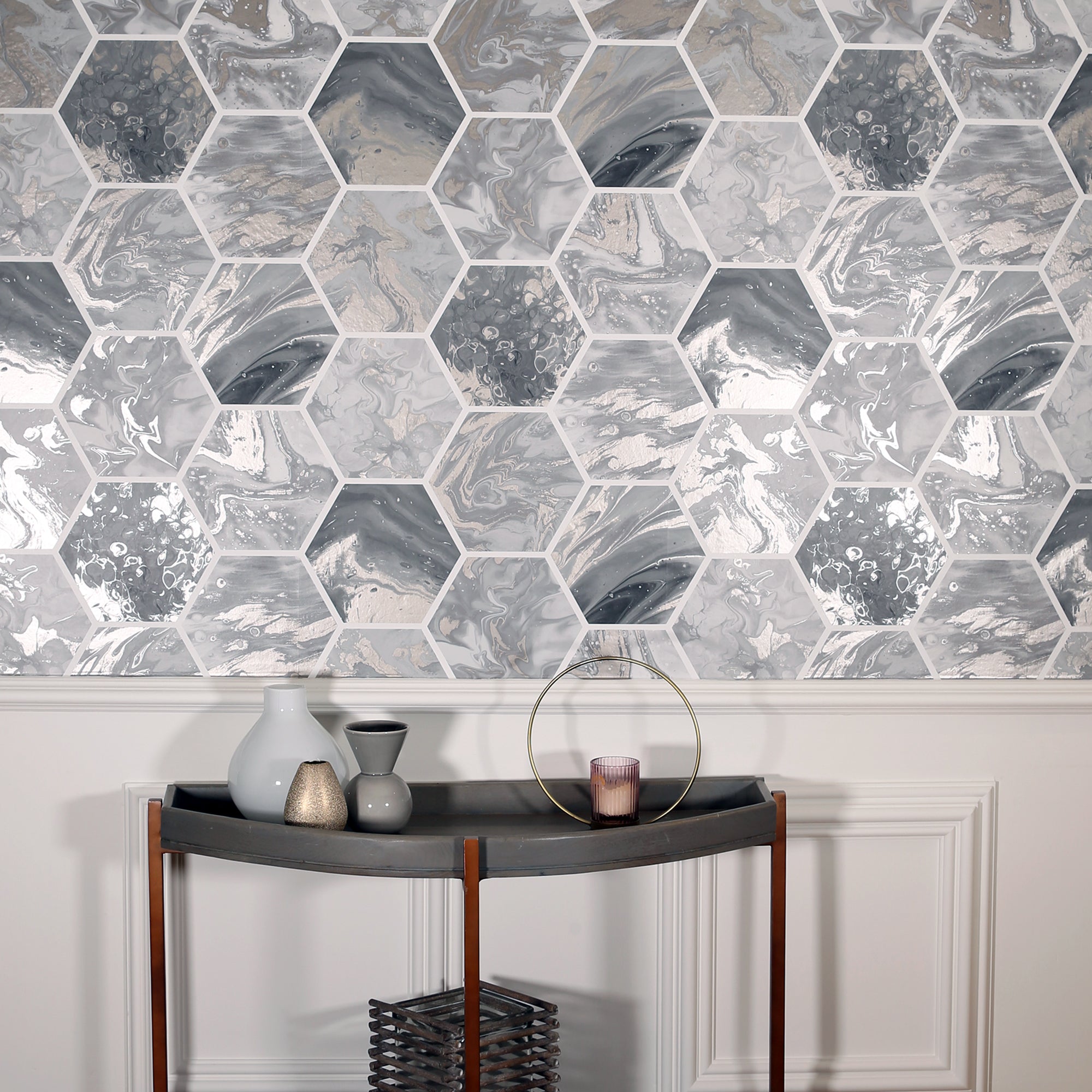Marbled Hex Charcoal/Rose Gold Wallpaper image 4