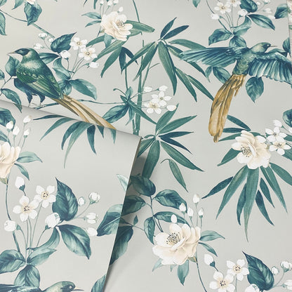 Oriental Floral Birds Grey/Blue Wallpaper image