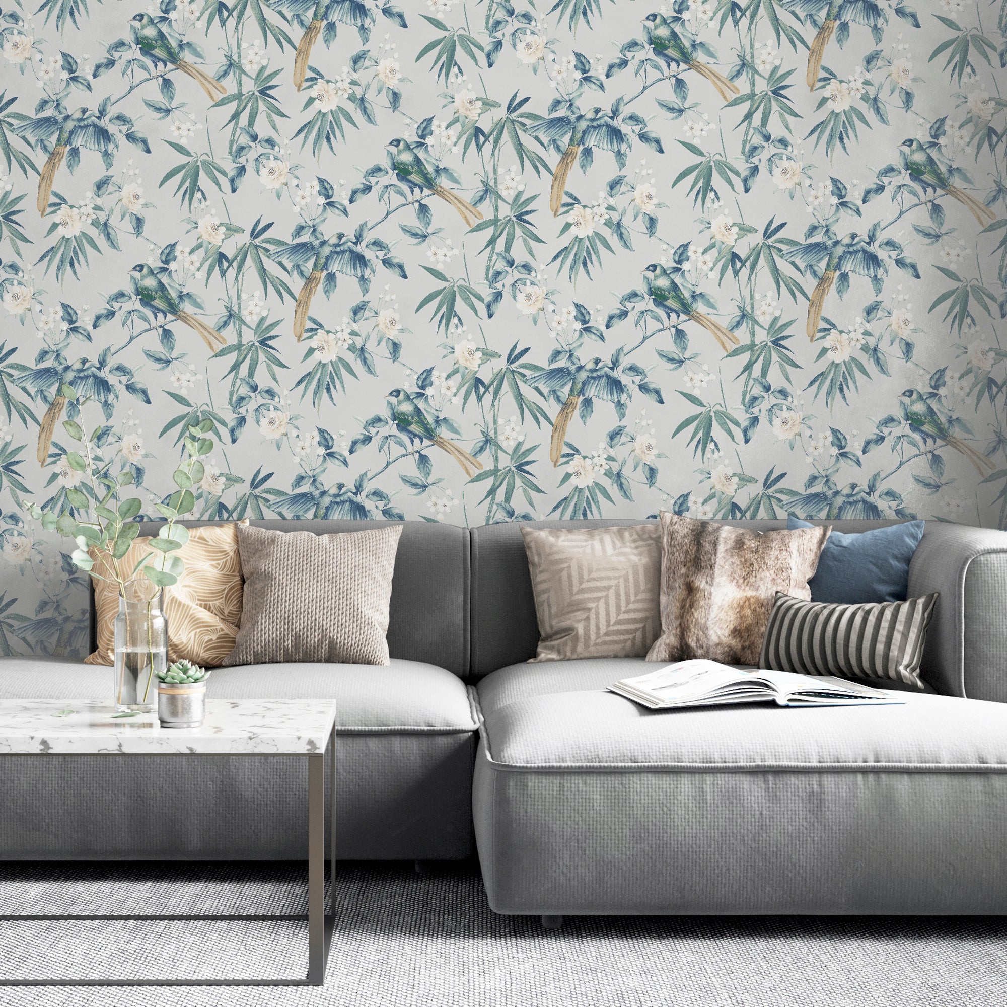 Oriental Floral Birds Grey/Blue Wallpaper image 2