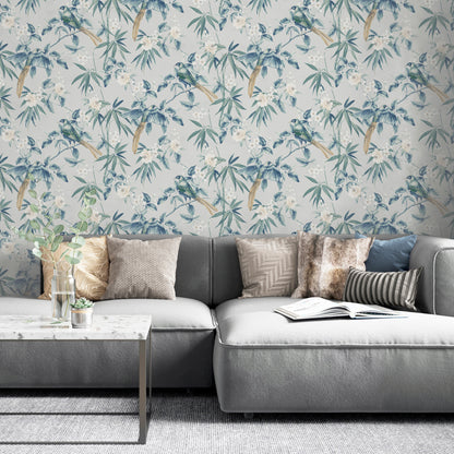 Oriental Floral Birds Grey/Blue Wallpaper image 2