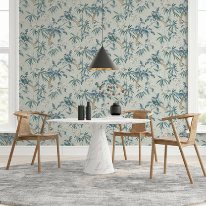 Oriental Floral Birds Grey/Blue Wallpaper image 4