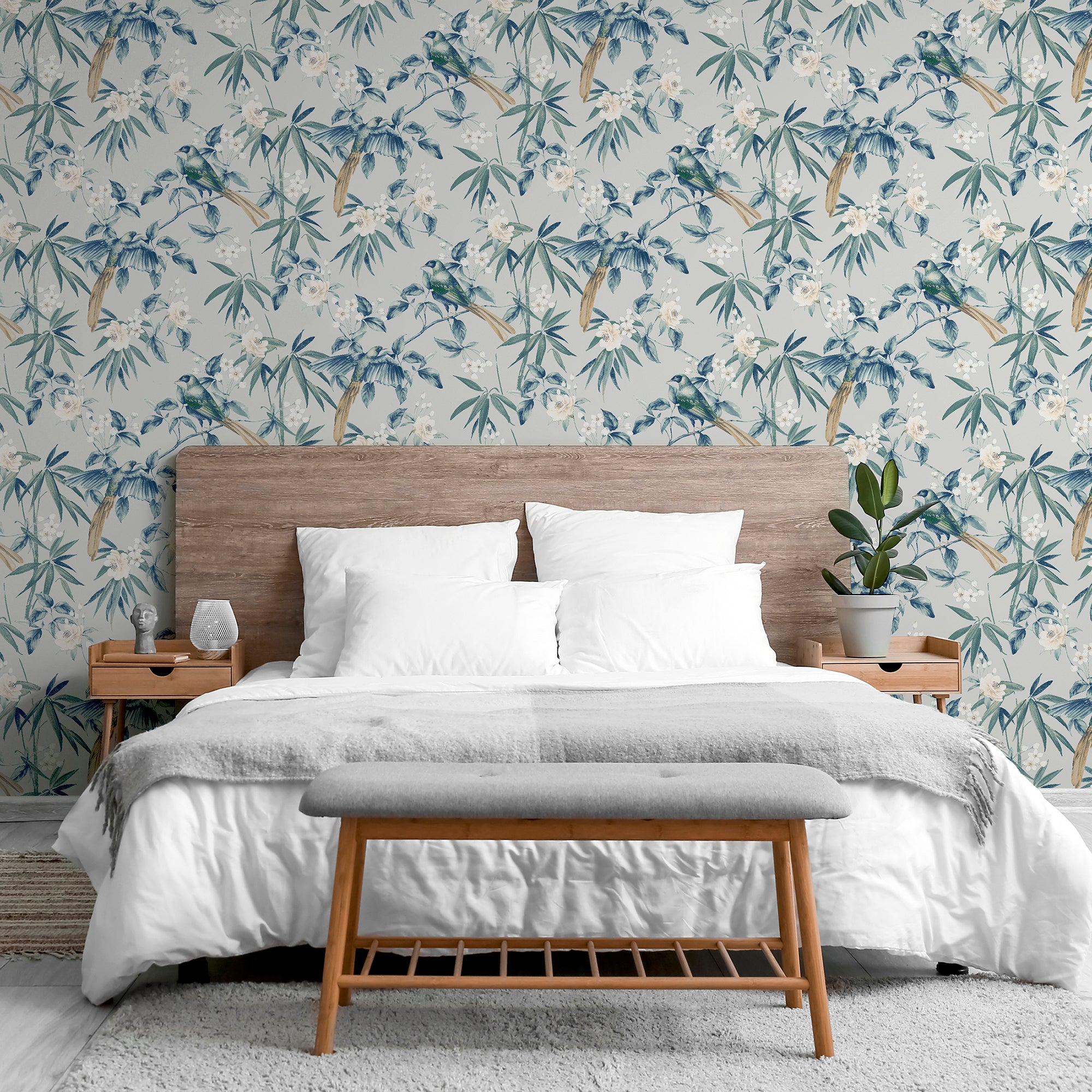 Oriental Floral Birds Grey/Blue Wallpaper image 3