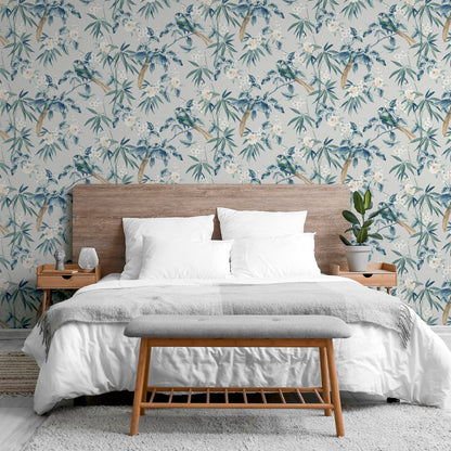 Oriental Floral Birds Grey/Blue Wallpaper image 3