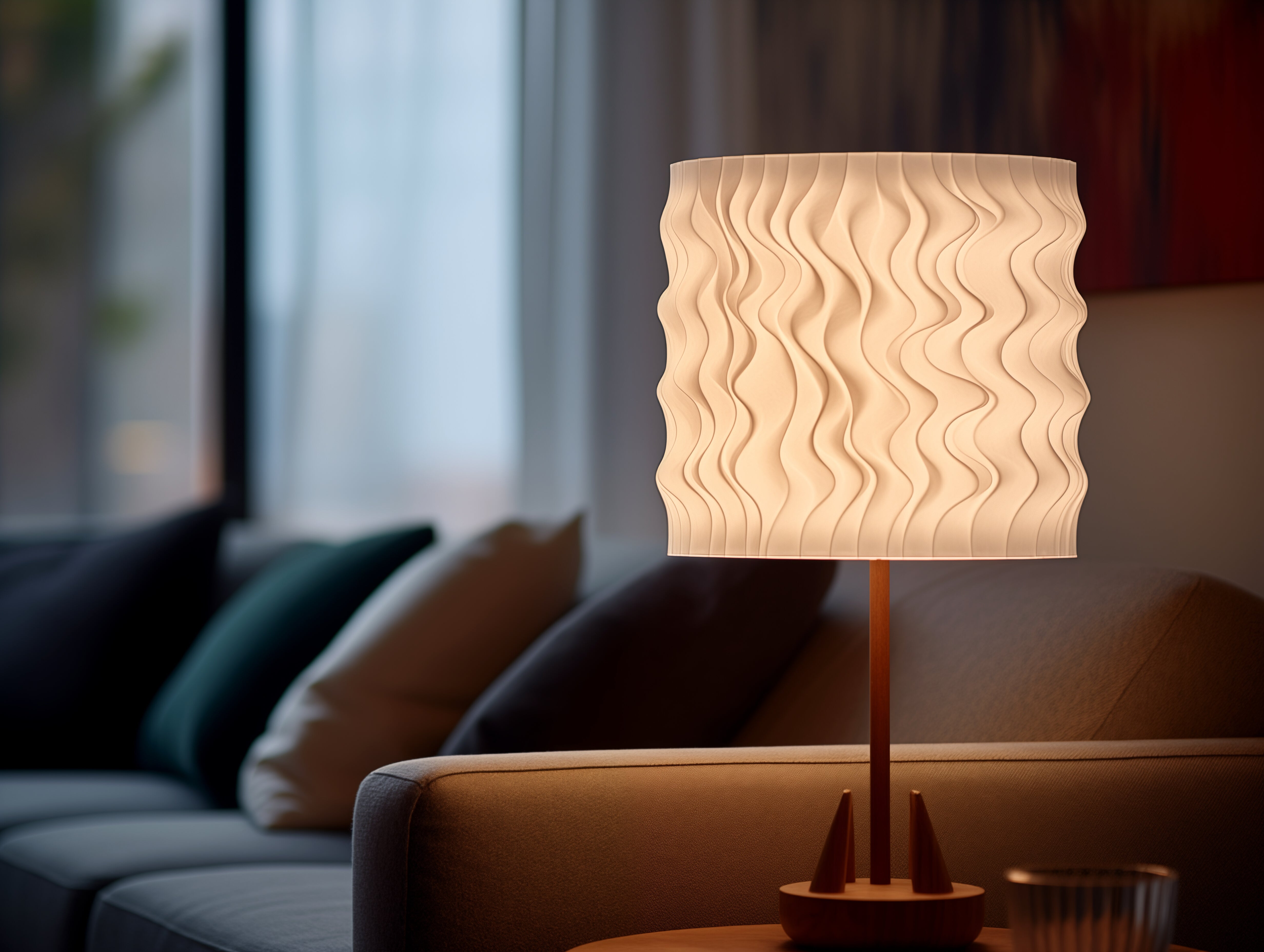 Modern living room with elegant wavy lamp and cozy sofa, creating a warm and inviting atmosphere.