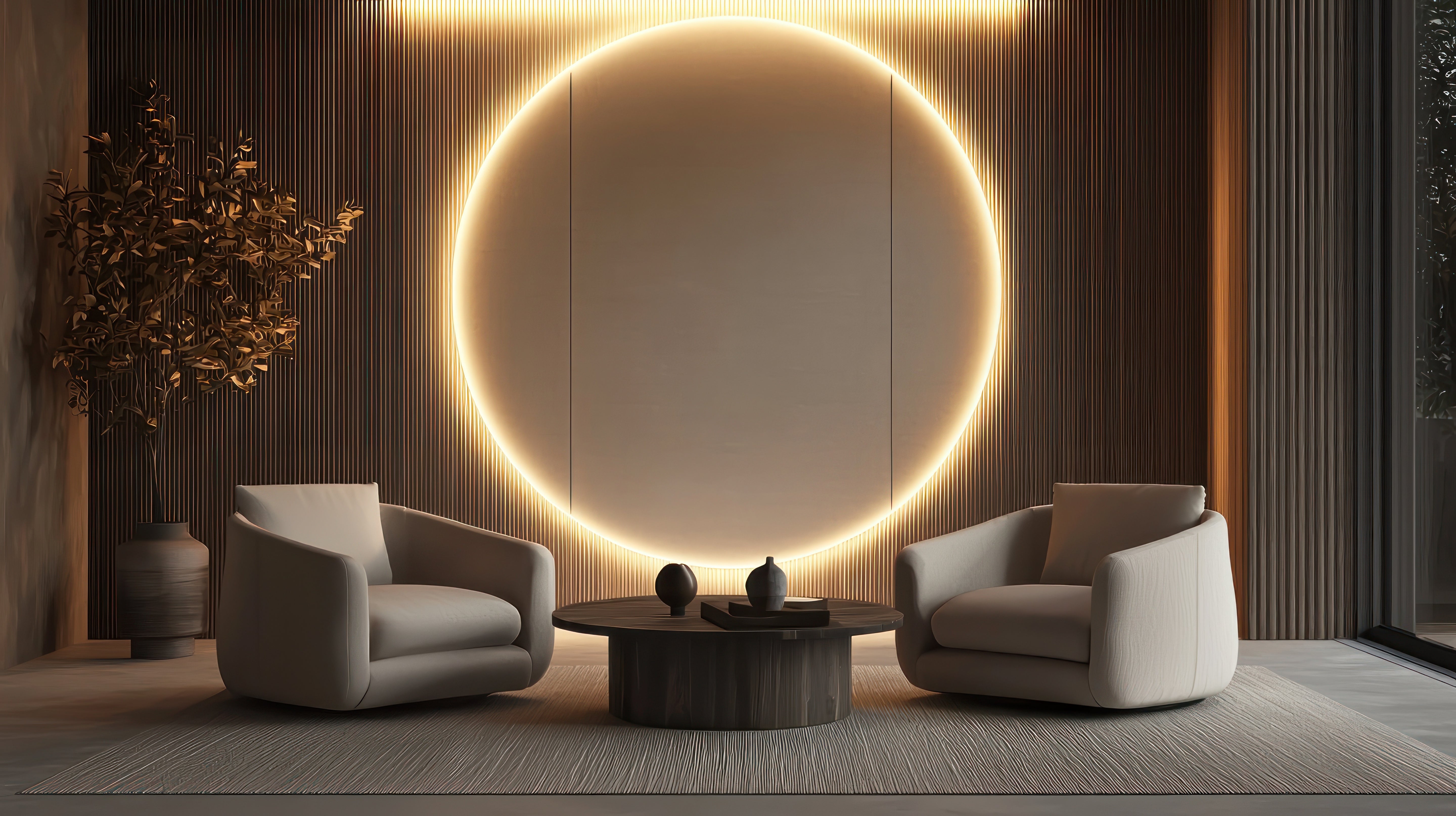 Modern lounge with armchairs, round coffee table, and circular wall light accentuating minimalist decor.