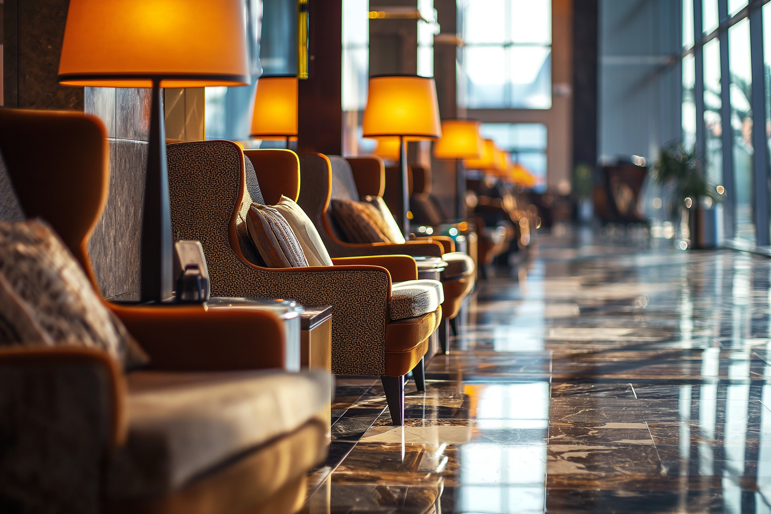 Elegant hotel lobby with plush armchairs and warm ambient lighting reflecting on shiny marble flooring.