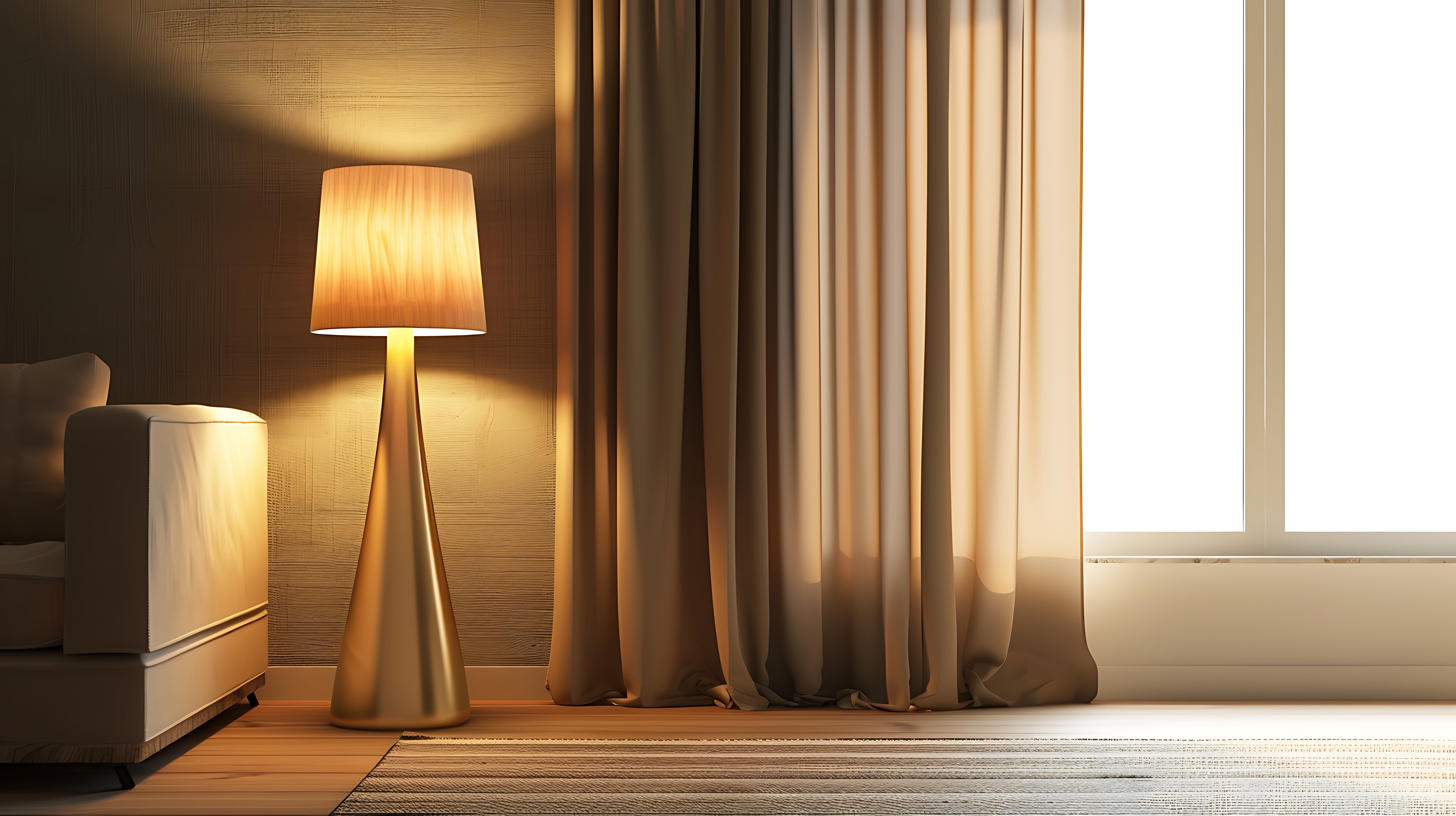 Elegant modern living room with a stylish lamp and sheer curtains next to a cozy sofa, creating a warm, inviting atmosphere.