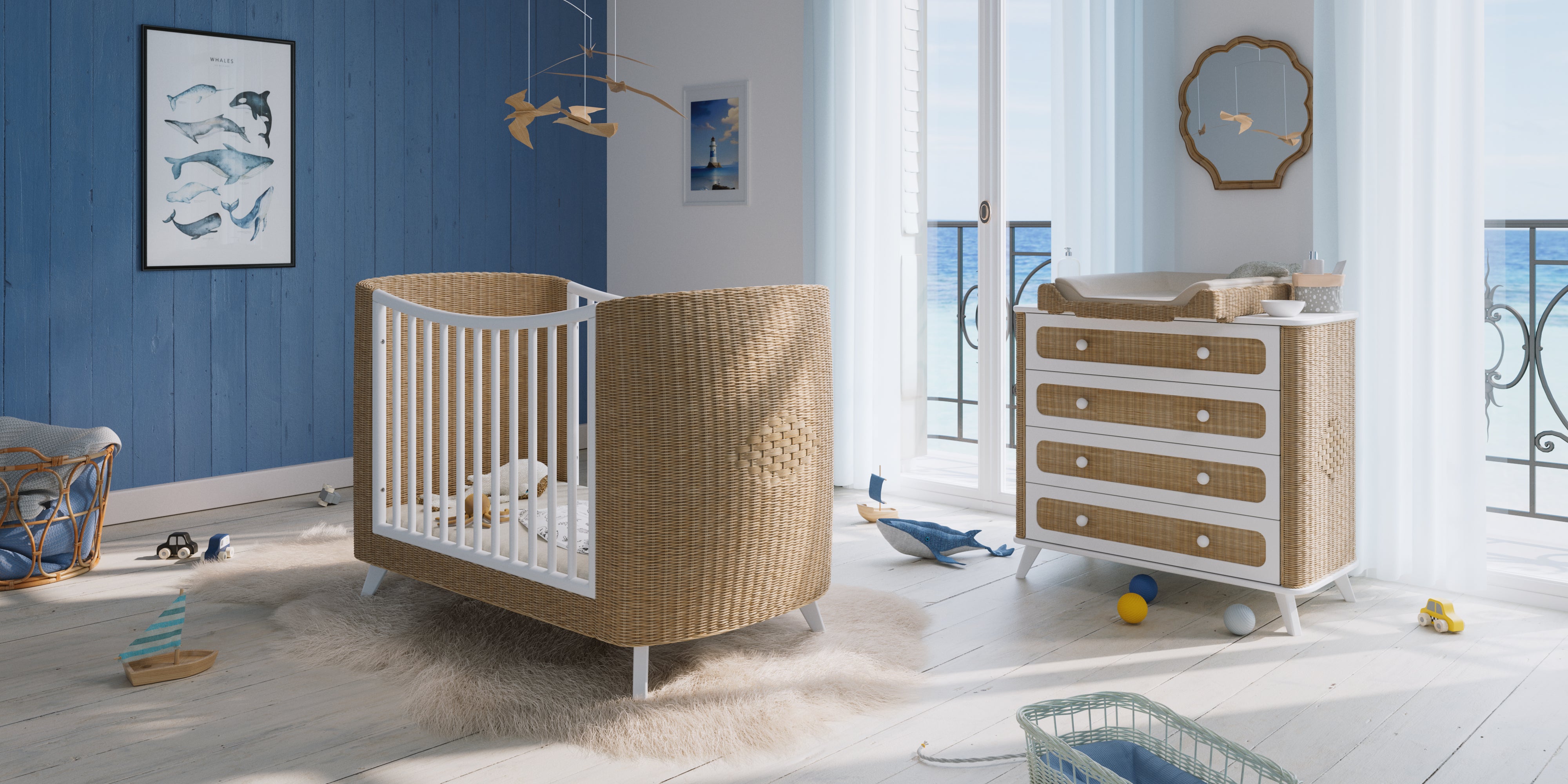 Scandinavian-style baby nursery with wicker crib, changing table, and ocean-themed decor in a sunlit room. Cozy and coastal design.