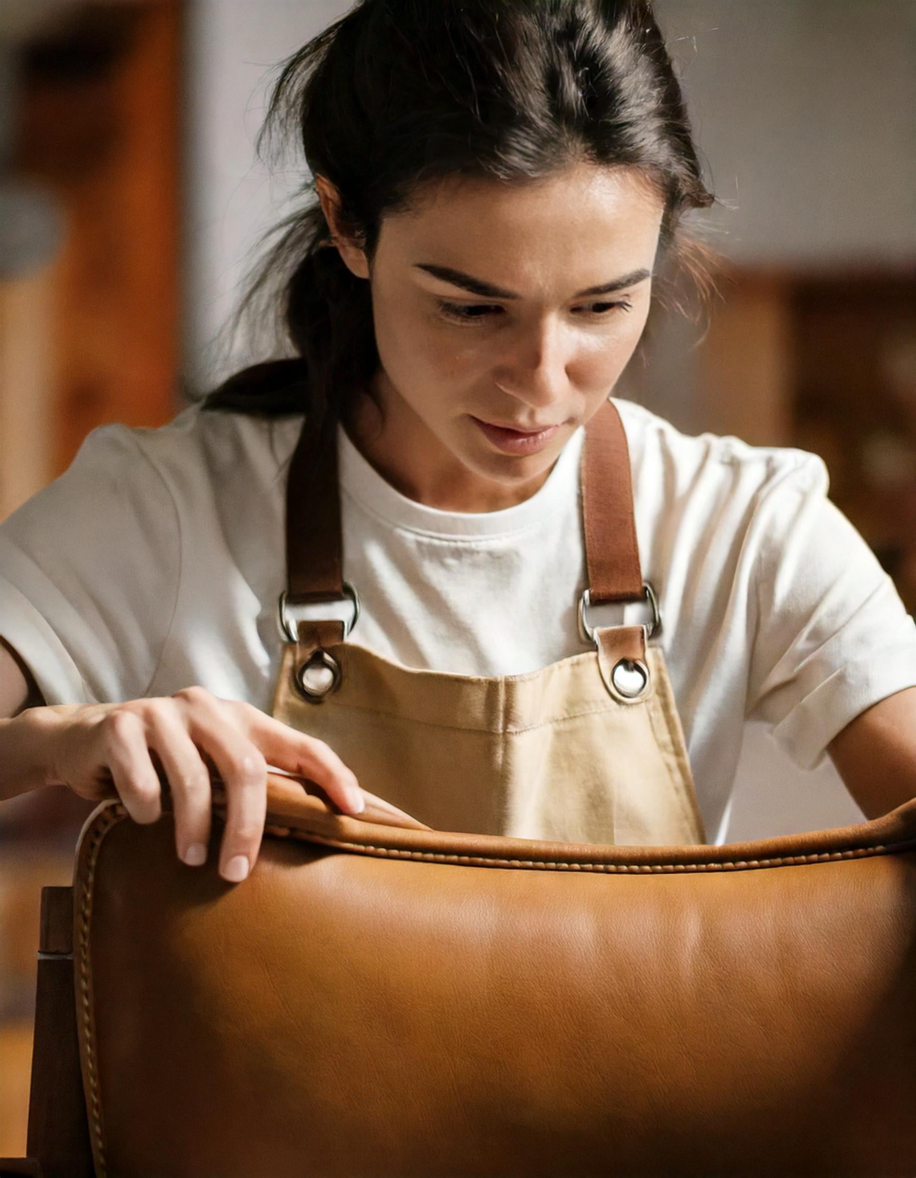 Craftsperson in apron working diligently on leather upholstery in workshop, highlighting focus and skill in artisanal leatherworking.