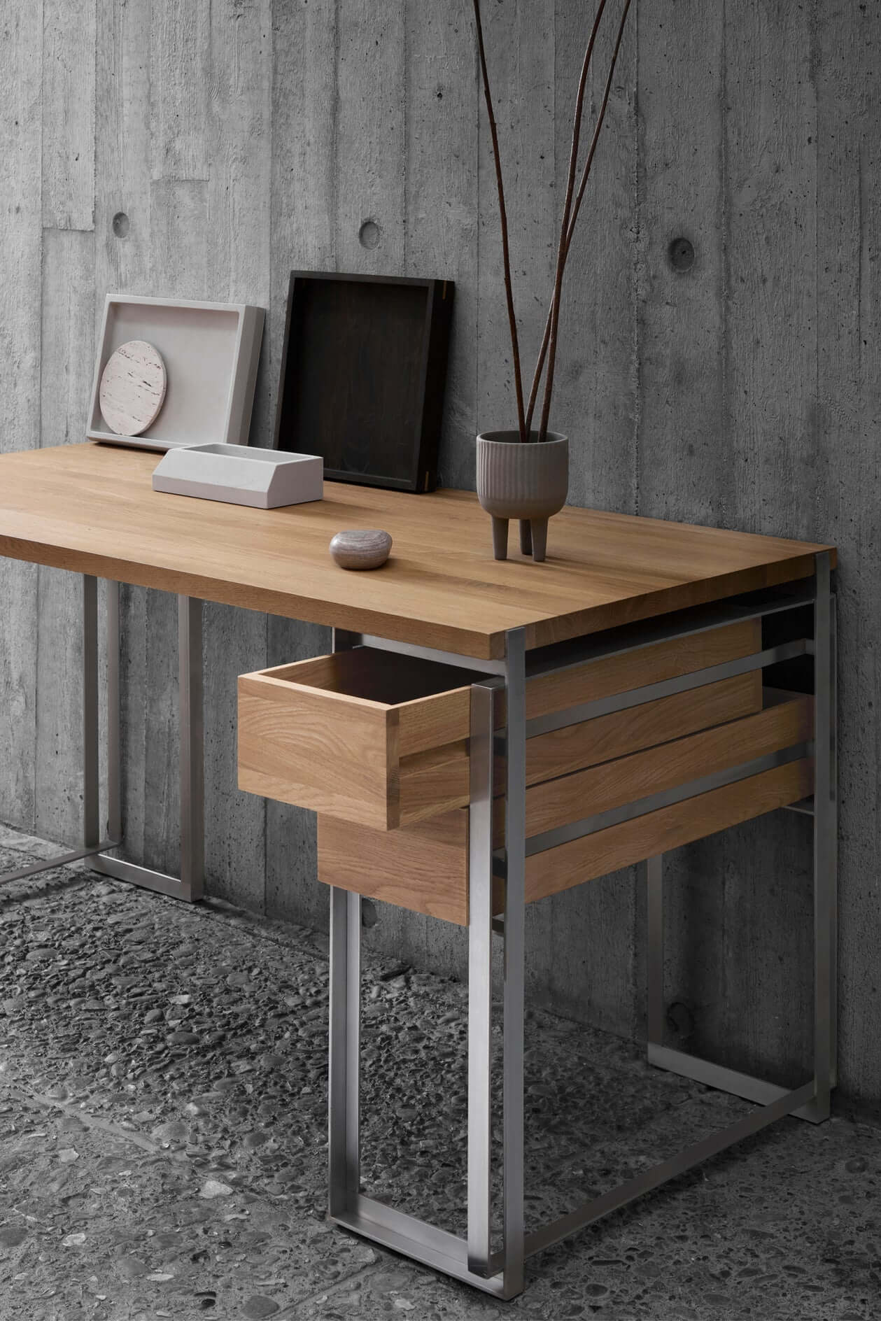 Outline Desk – Luxury Furniture by [Vendor]. Designer modern desk in lacquered oak and stainless steel. Premium home office decor.