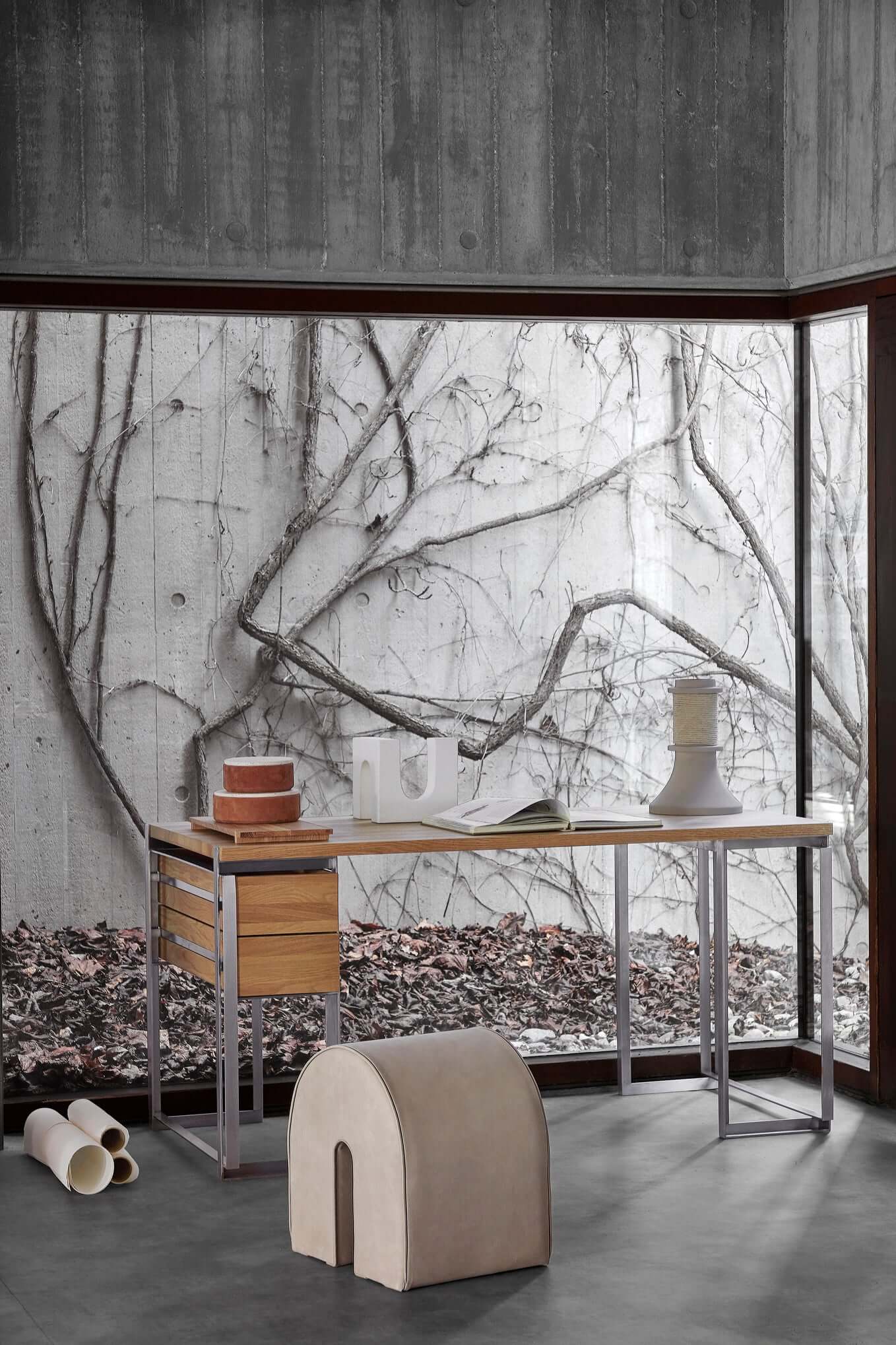 Outline Desk in modern setting, featuring luxury design with brushed steel and lacquered oak. A premier piece in designer and curated furniture collections.