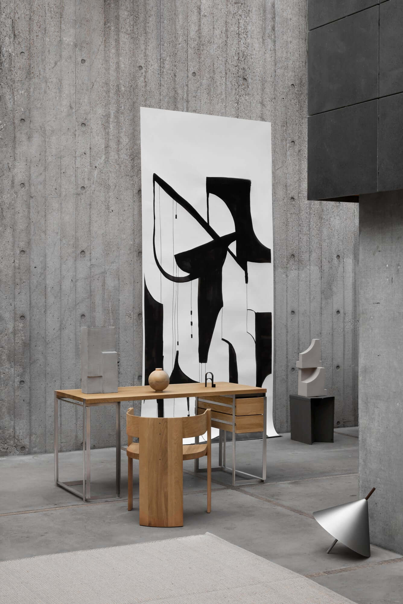 Collector Dining Chair in modern concrete room with abstract art. Luxury furniture for high-end home decor. Premium oak or walnut finish.