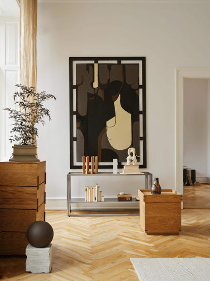 Foldable Console in modern home setting, featuring sleek brushed stainless steel, a luxury and designer furniture choice for stylish interiors.