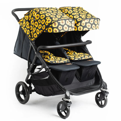 Luxury double stroller with sunflower pattern, perfect for modern parents seeking premium design and style in baby gear.