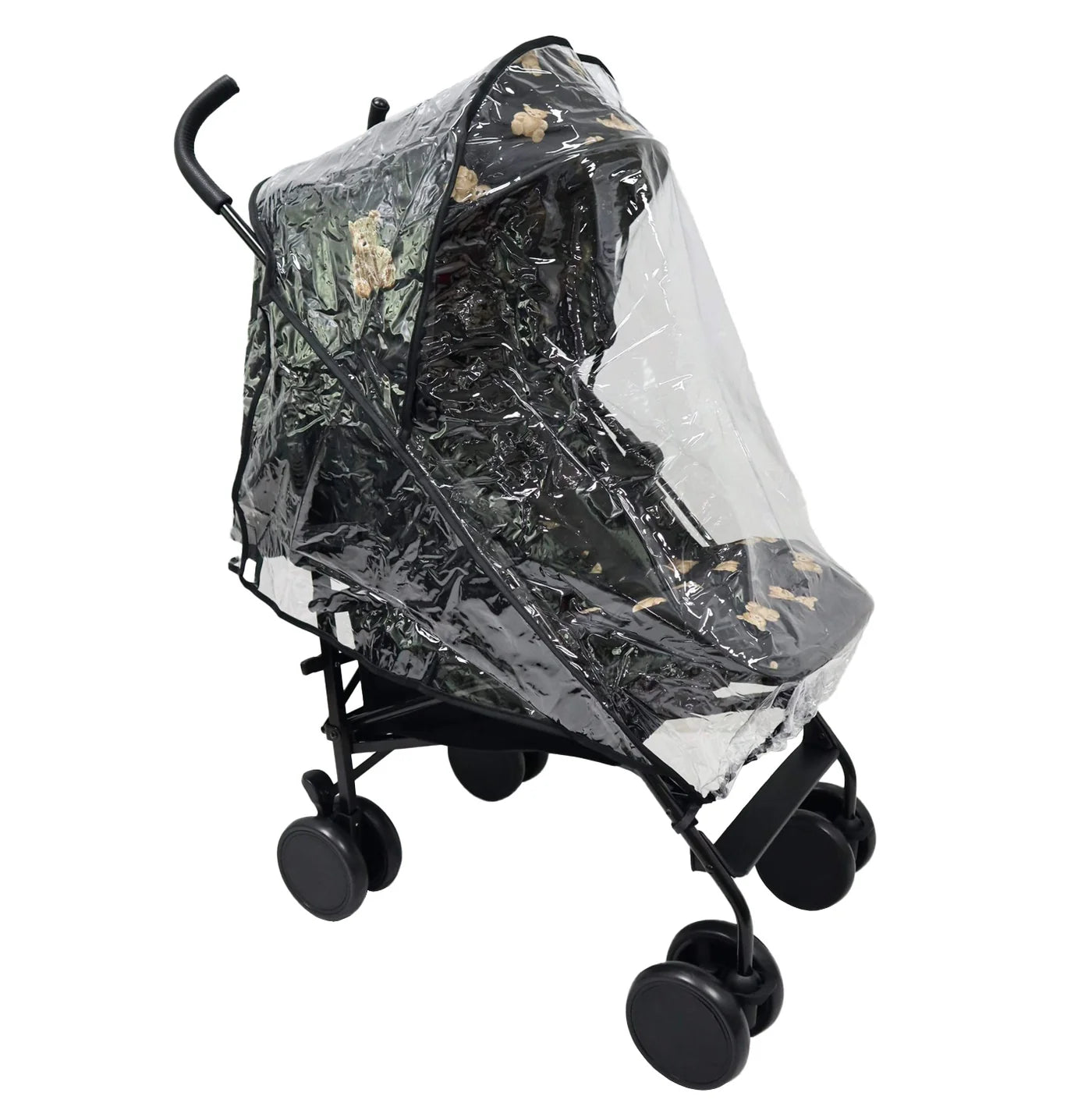 Roma Star - Teddy Black Stroller with transparent rain cover, modern luxury design featuring unique teddy fabric. Perfect for newborns to 22kg.
