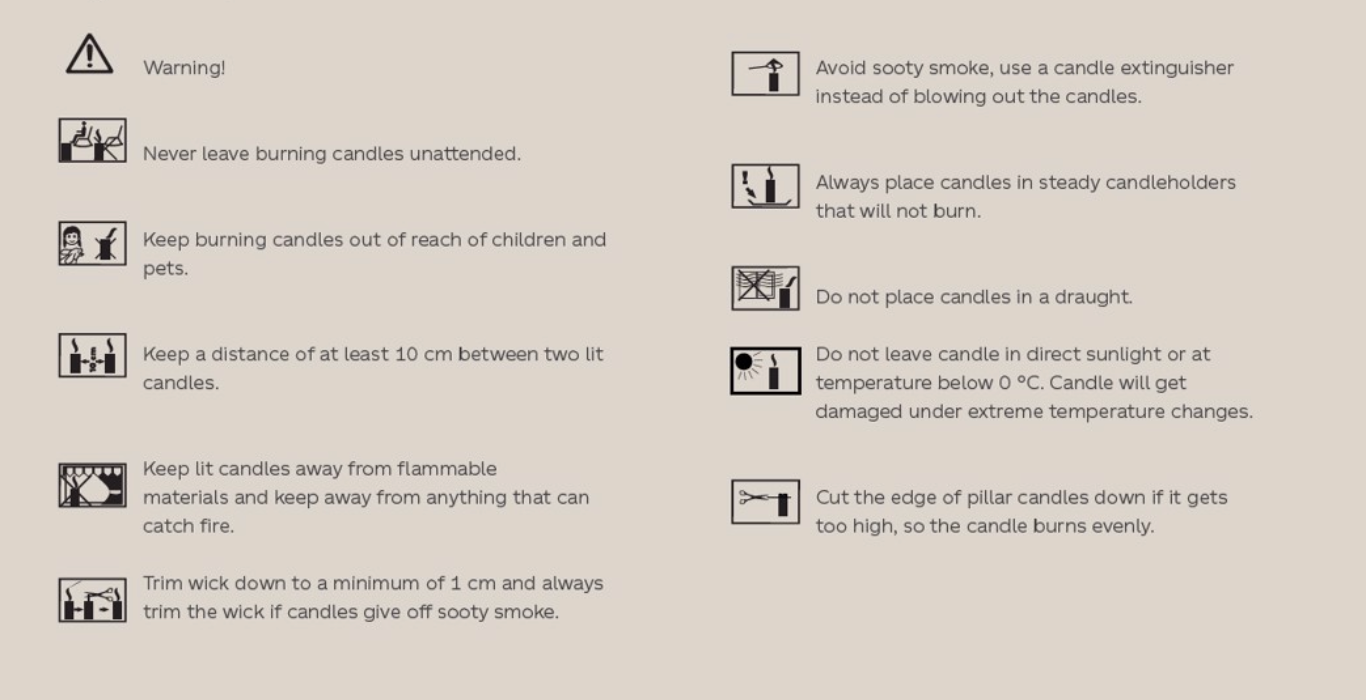 Candle safety instructions with icons, including tips for burning candles, distance, placement, and temperature precautions.