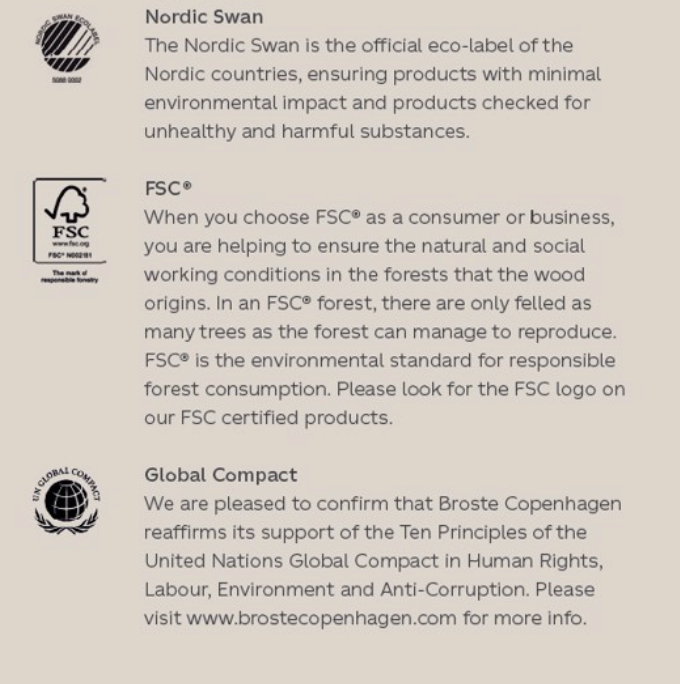 Nordic Swan, FSC, and Global Compact environmental labels on Broste Copenhagen products supporting sustainability and ethical standards.