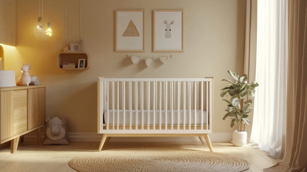Modern nursery featuring a white crib, plush toys, and wall art in a softly lit space with a cozy, minimalist design aesthetic.