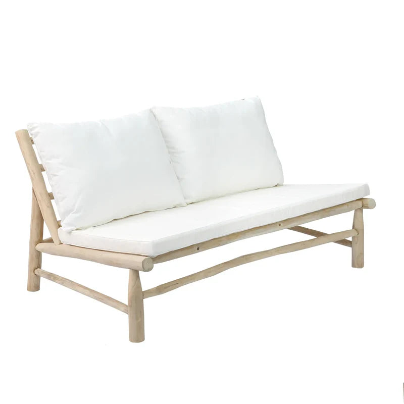 Natural white wooden two-seater sofa with cushions, ideal for summer relaxation. Handmade, dimensions may vary.