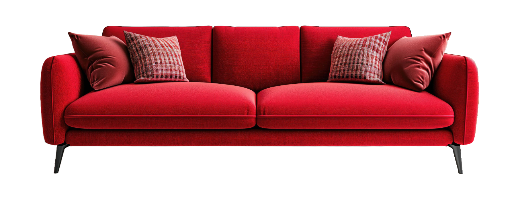 Stylish red sofa with patterned cushions, ideal for modern living room decor.