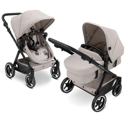 Luxurious beige baby stroller with adjustable seats, showcasing versatility and comfort for modern parents on the go.