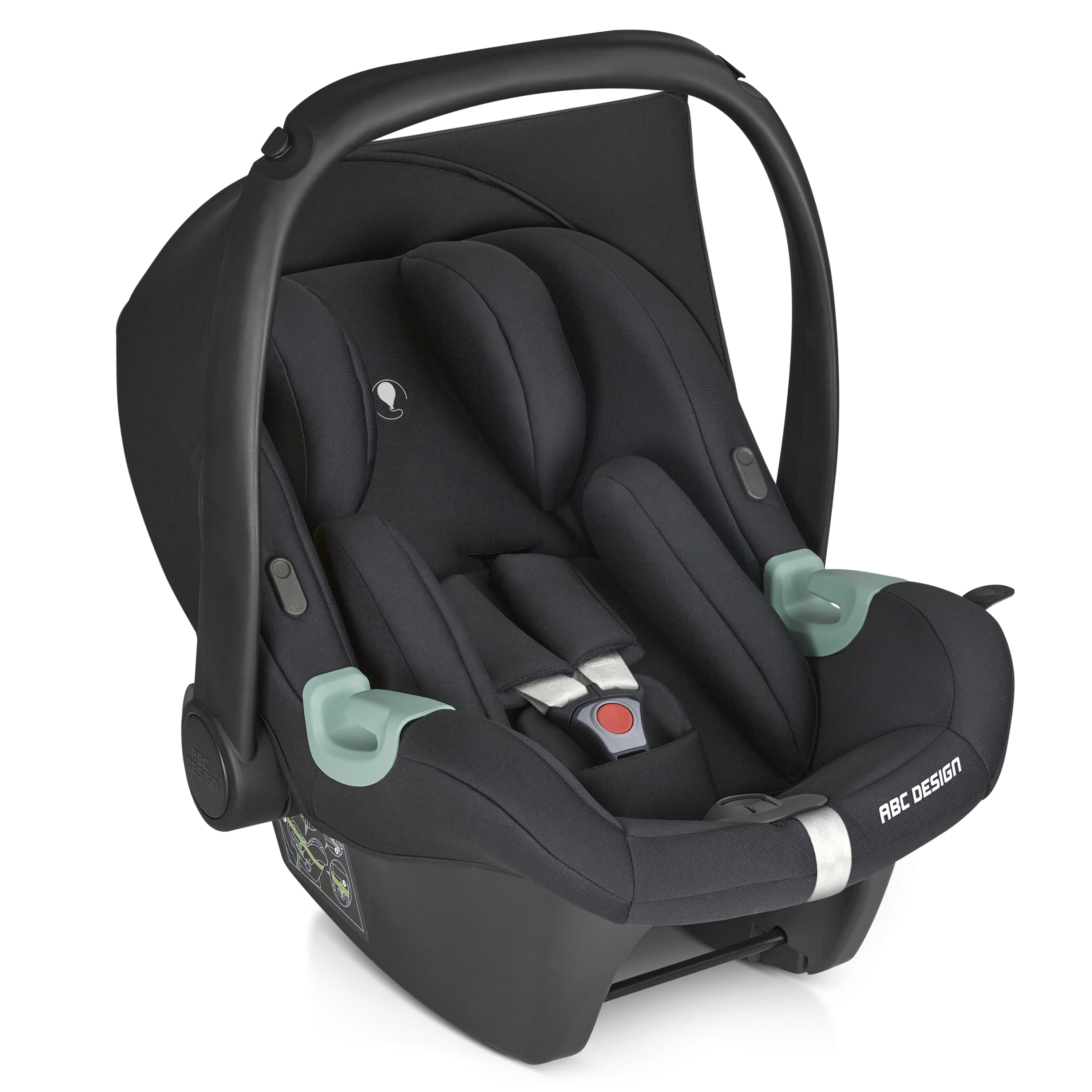 Black baby car seat with safety harness and handle, designed for infants, offering comfort and protection during travel.