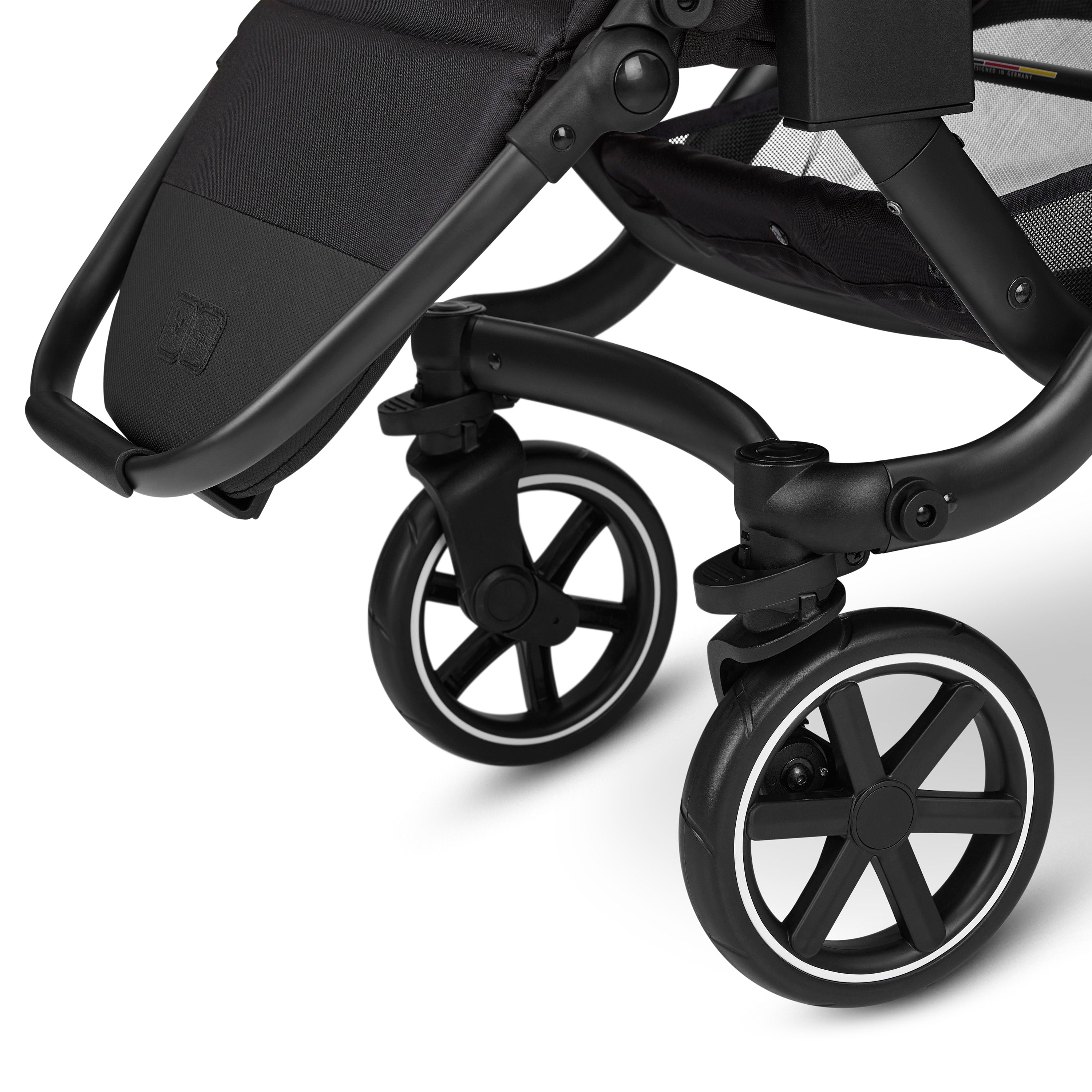 Luxury designer ABC Design Zoom double pushchair wheels, smooth ride with suspension, perfect for modern family outings.