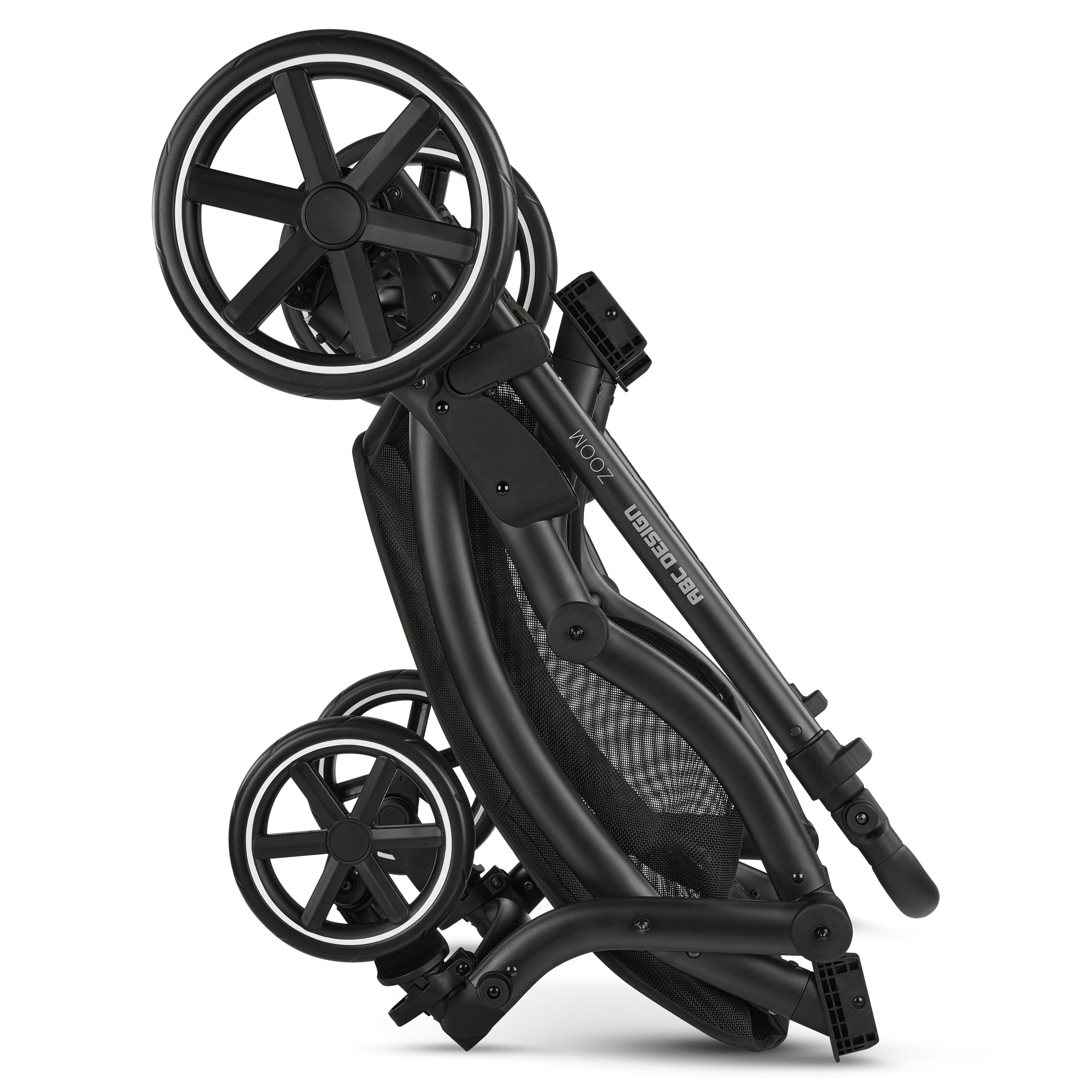 Folded ABC Design Zoom double pushchair with large wheels, ideal for luxury and designer modern furniture collections.