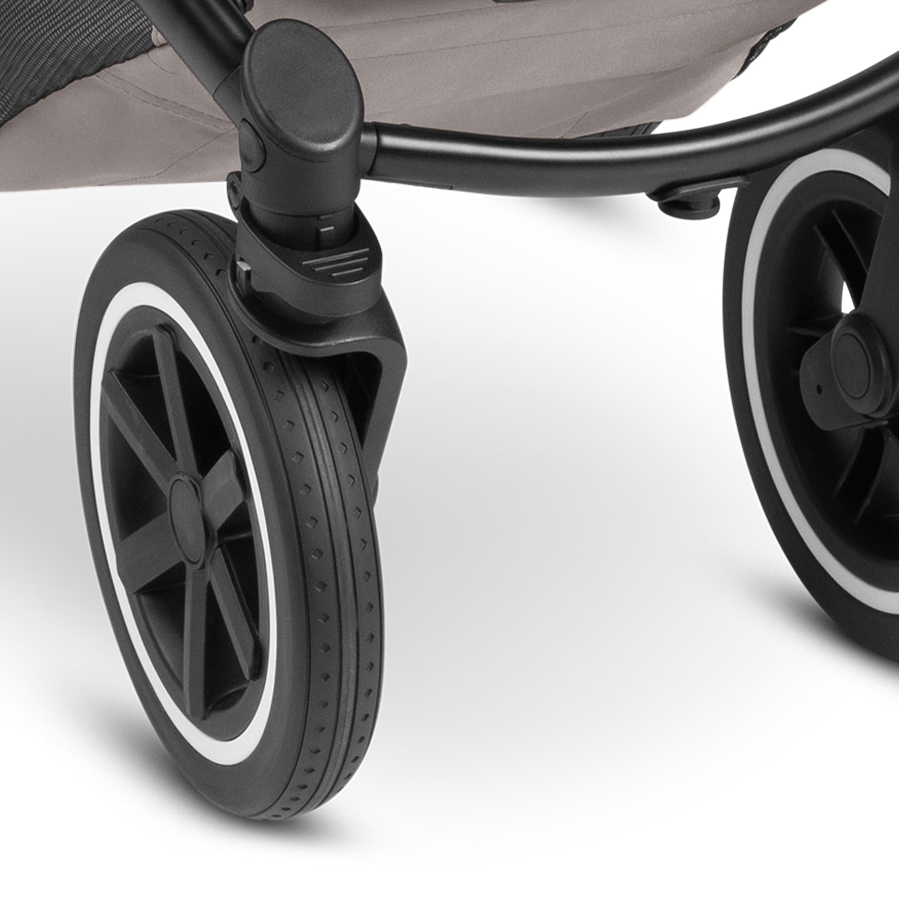 Close-up of the ABC Design Samba Pram's durable puncture-free wheels, ensuring a smooth ride with luxury designer furniture aesthetics.